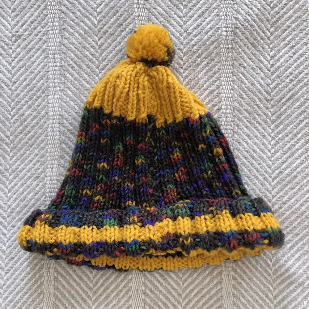 Chunky Knit Beanie Yellow & Dark Grey Color Flecked with Pompom Topper